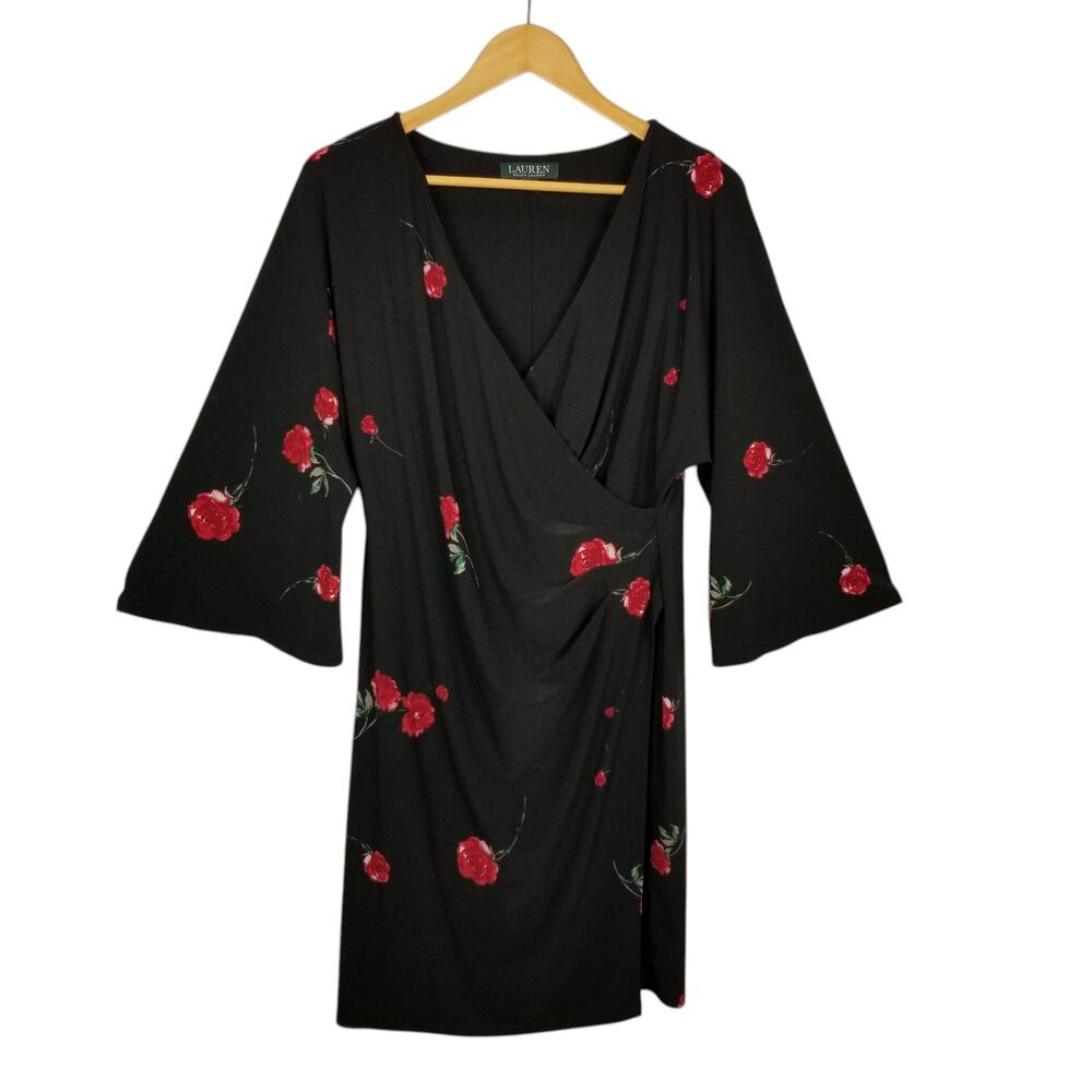 Lauren Ralph Lauren Womens Stretch Knit Faux Wrap Black Rose Print Dress Size 12